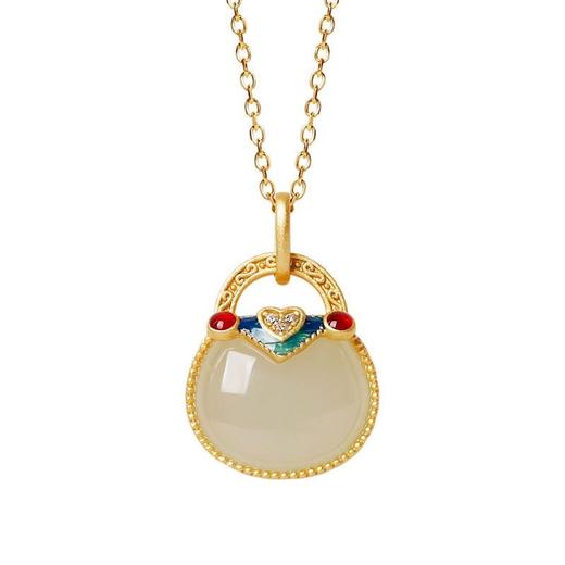 【礼盒装】VAVY 故宫包包玉锁小玉坠女吊坠官古法金镶玉石长命锁珐琅项链 商品图0