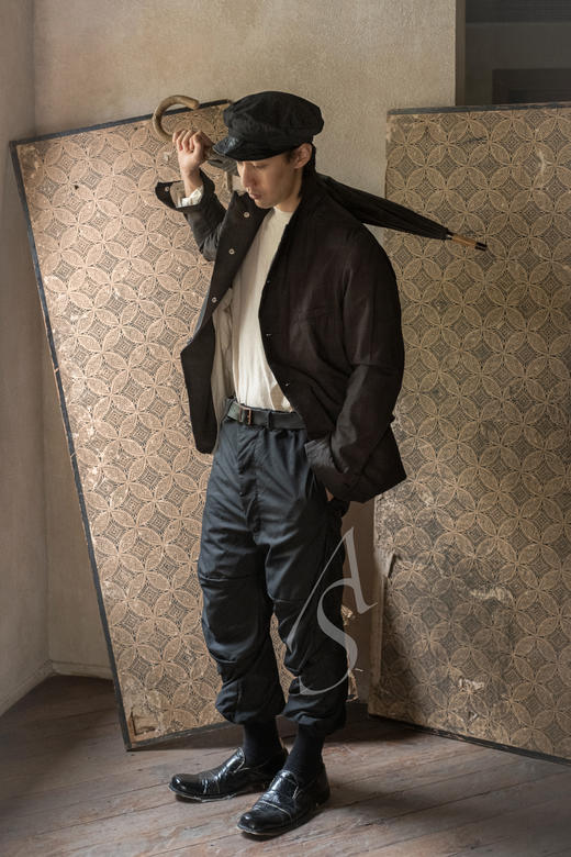 Paul Harnden  男士黑色暗纹羊毛LANCASHIRE腰带裤 商品图1