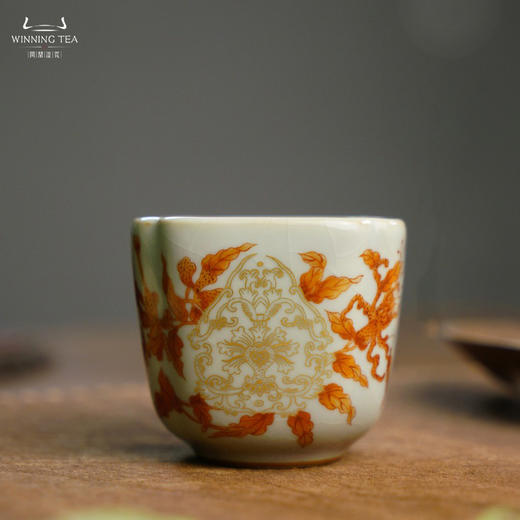 问鼎汝瓷鼎峰系列天青老款高四喜杯（梵红描金观音莲）（缺货） 商品图0