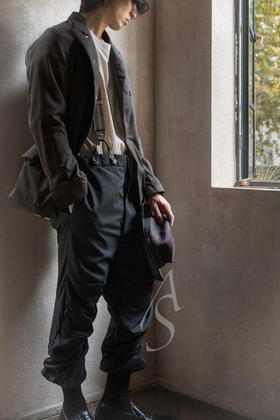 Paul Harnden  男士黑色暗纹羊毛LANCASHIRE背带裤