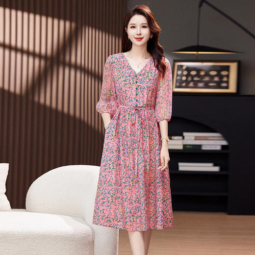 气质V领时尚印花，显瘦中长款桑蚕丝裙KQN- 9356 商品图2