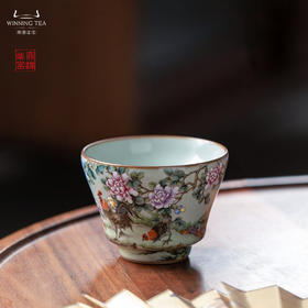 问鼎汝瓷鼎峰柴窑天青精工馥郁杯（描金绘画富贵吉祥）（缺货）