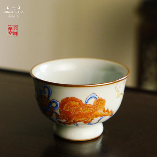 问鼎汝瓷鼎峰柴窑天青天河杯（梵红描金绘画狮子绣球）（ 缺货 ） 商品图1