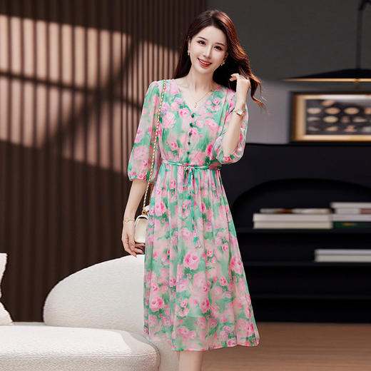 气质V领时尚印花，显瘦中长款桑蚕丝裙KQN- 9356 商品图0