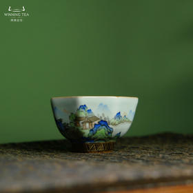 问鼎汝瓷天青老款直口八方杯（描金绘画青山绿水）