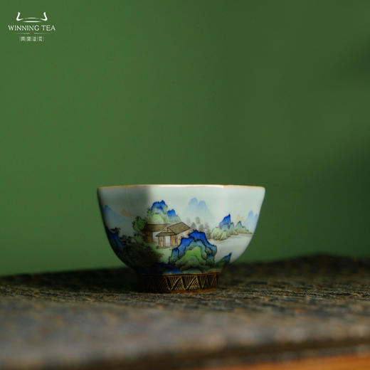 问鼎汝瓷天青老款直口八方杯（描金绘画青山绿水） 商品图0