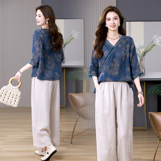 棉麻休闲复古，亚麻阔腿裤两件套HR-NJL2533 商品图1