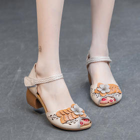 凉鞋女头层牛皮粗跟中跟鱼嘴魔术贴GL39103