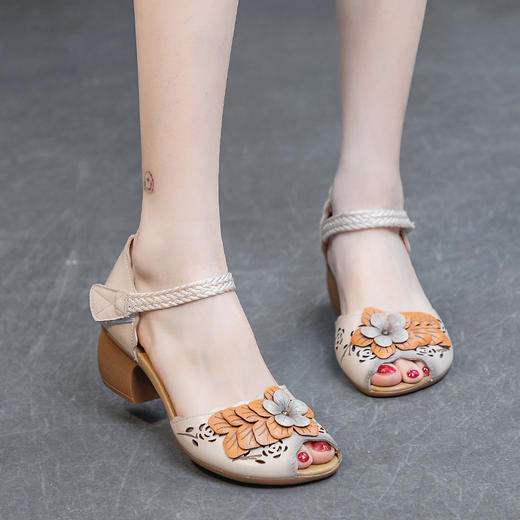 凉鞋女头层牛皮粗跟中跟鱼嘴魔术贴GL39103 商品图0