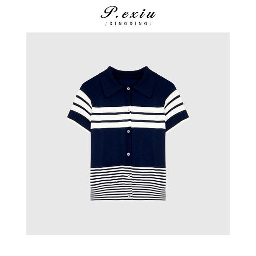 03-4潘依绣丁丁宠粉天丝简约通勤撞色条纹Polo领针织上衣 ZZ0567 商品图1
