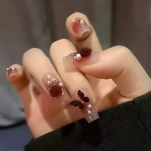 红色山茶花美甲藤野珊瑚蝴蝶指甲美甲穿戴甲百搭假指甲贴片 商品图0