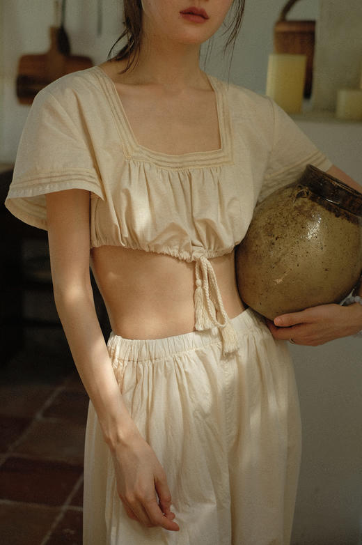 漱石 - 棉麻蕾丝抽绳露腰古典上衣 商品图3