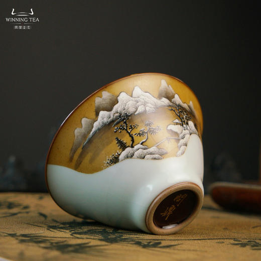 问鼎汝瓷鼎峰系列月白老款斗笠杯（绘画山水）（缺货） 商品图3