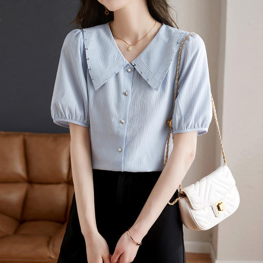 法式棉质时尚优雅娃娃领衬衫，显瘦减龄泡泡袖上衣GYM-D1607 商品图0