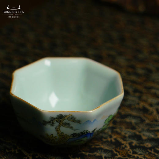 问鼎汝瓷天青老款直口八方杯（描金绘画青山绿水） 商品图3