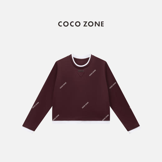 COCO ZONE 100棉假两件圆领撞色T恤长袖上衣CC1B1533 商品图0