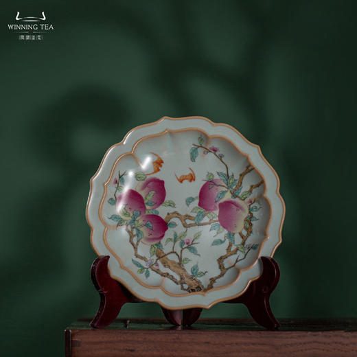 问鼎汝瓷鼎峰系列天青老款宝相壶承（绘画五桃）（缺货） 商品图0