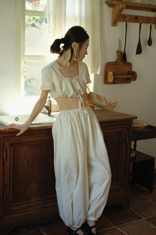 漱石 - 棉麻蕾丝抽绳露腰古典上衣 商品图5