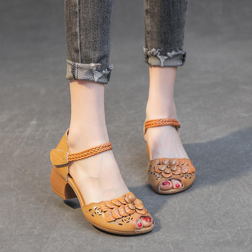 凉鞋女头层牛皮粗跟中跟鱼嘴魔术贴GL39103 商品图2