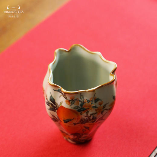 问鼎汝瓷鼎峰系列天青老款佛手杯（梵红描金五桃）（缺货） 商品图1