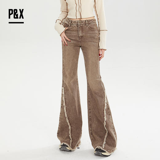 P&X设计师女装秋 休闲显瘦微喇复古牛高腰仔长裤824310192 咖色 商品图2