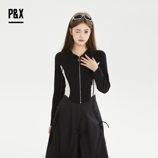 P&X设计师女装秋季休闲连帽修身时尚短款针织衫 824331198 黑色 商品图2