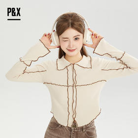 P&X设计师女装秋 长袖翻领百搭修身打底短款T恤 824302194 卡其