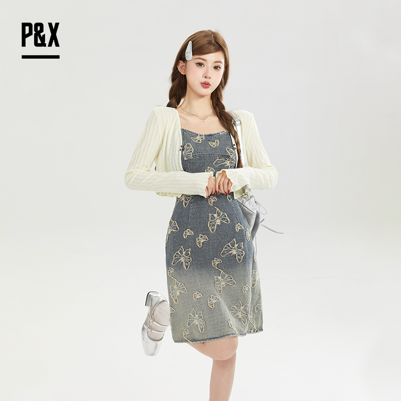 P&X设计师女装秋季复古牛仔连衣裙套装短裙 824314191 黄/蓝