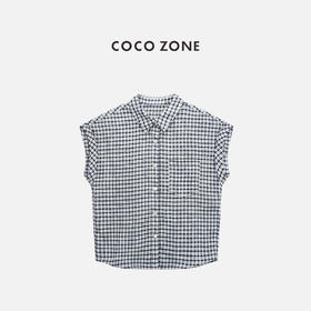 COCO ZONE 100亚麻格子短袖衬衫撞色翻领上衣CC1B1497
