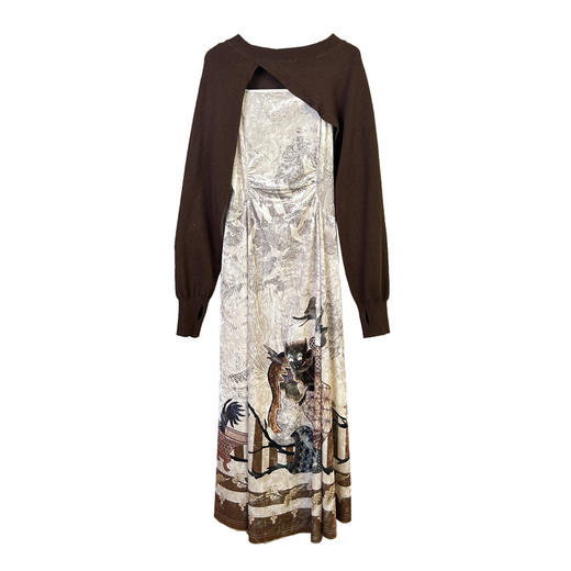 【湘绣系列】谜底两件式连衣裙2024秋款丝绒吊带裙+毛衫243GL1177 商品图4