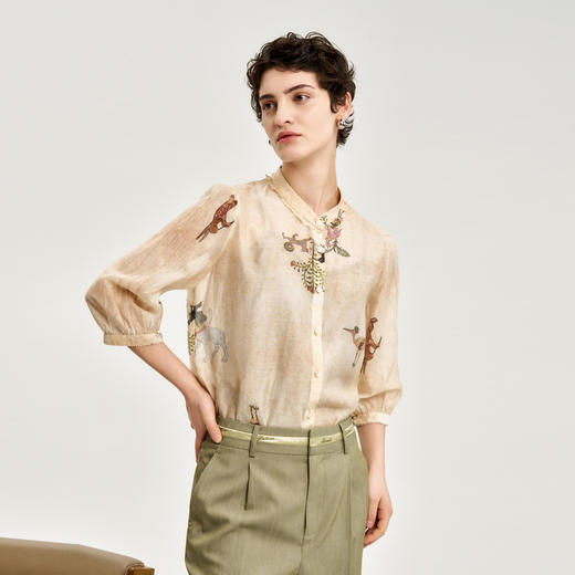 谜底湘绣印花衬衫女2024秋新品优雅气质通勤衬衣七分袖243MC1041 商品图1