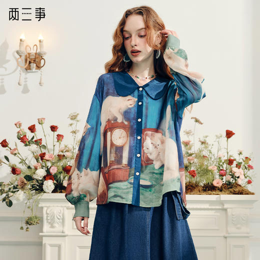 两三事游嬉人间2024夏季新款文艺风油画印花拼色灯笼袖衬衫女宽松 商品图0