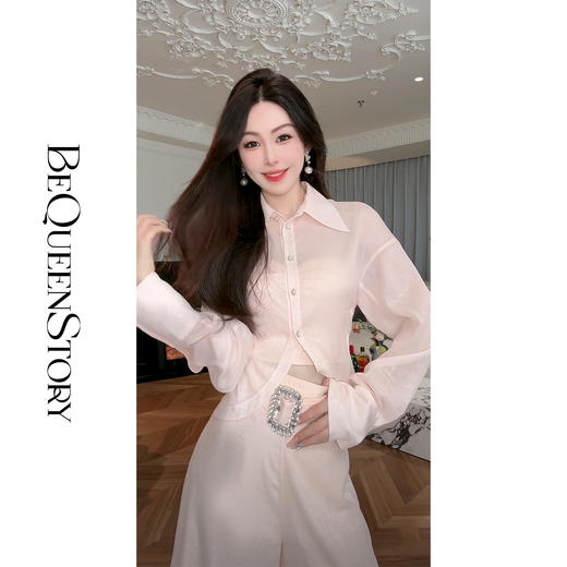 BeQueenStory【淡粉余香】优雅烫银印花定制水晶工艺显瘦松紧腰套装 商品图2