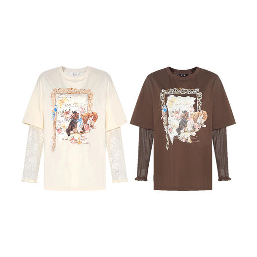 两三事复古画报2024夏季新款趣味印花网纱拼接纯棉假两件t恤女 商品图4