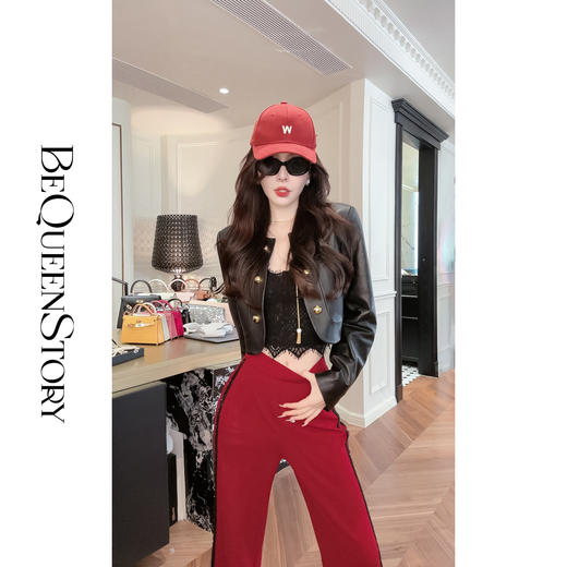 【孤品样衣，不退不换】【瑰丽晚宴】高级感双排金属扣显瘦酷飒风短款皮衣外套 商品图4