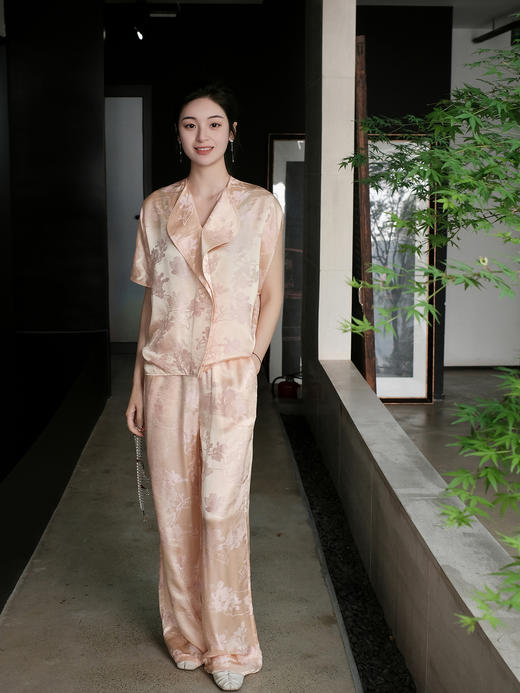 盛唐牡丹 |玉兰花纹交织真丝松紧腰女裤 商品图0