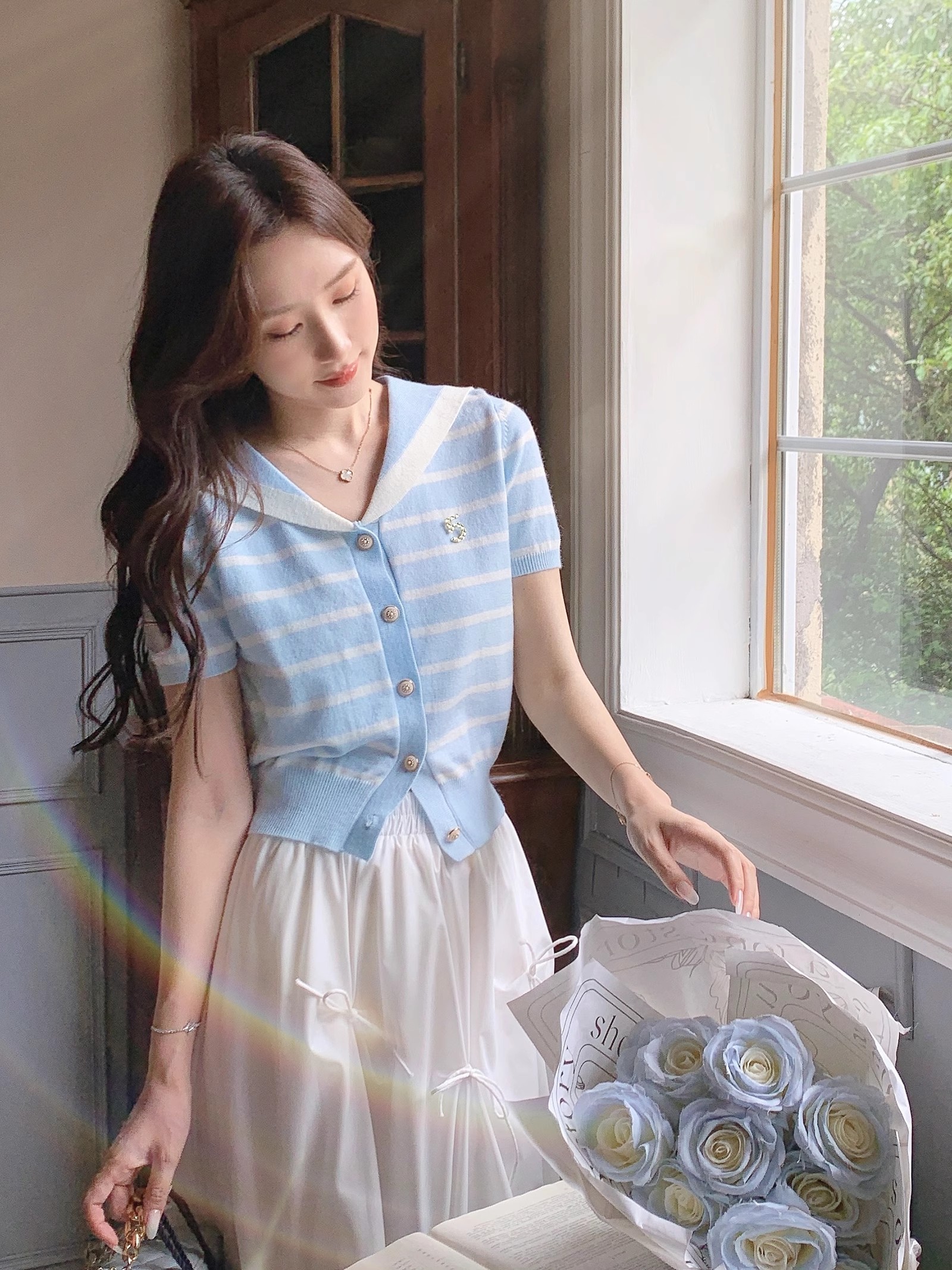 张心子【香芒甜茶】海军领减龄条纹针织上衣女夏季新款法式polo衫 U2406016