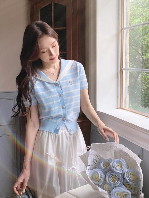 张心子【香芒甜茶】海军领减龄条纹针织上衣女夏季新款法式polo衫 U2406016 商品图0