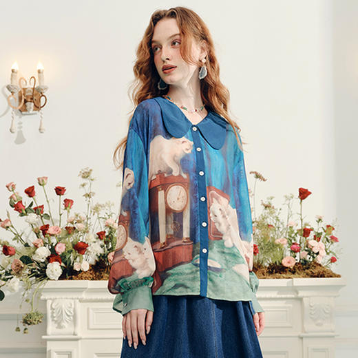 两三事游嬉人间2024夏季新款文艺风油画印花拼色灯笼袖衬衫女宽松 商品图3