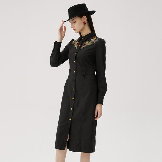 谜底刺绣连衣裙长袖女2024秋款复古文艺修身衬衫式长裙248ML8301 商品图1