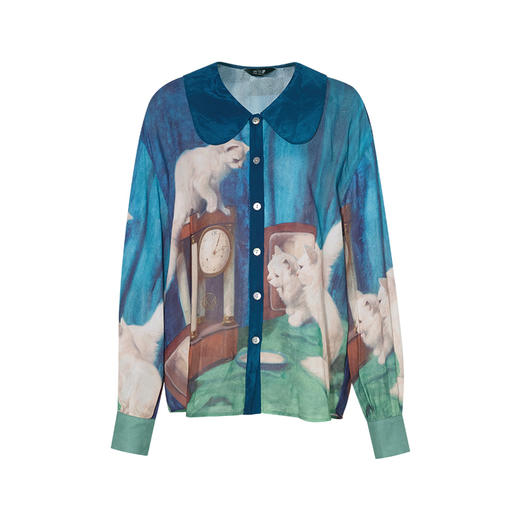 两三事游嬉人间2024夏季新款文艺风油画印花拼色灯笼袖衬衫女宽松 商品图4