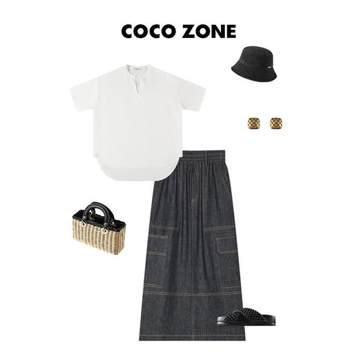 COCO ZONE 复古风撞色线牛仔半裙松紧腰下摆开衩 23C18916 商品图4