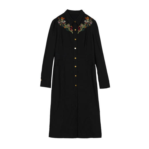 谜底刺绣连衣裙长袖女2024秋款复古文艺修身衬衫式长裙248ML8301 商品图4