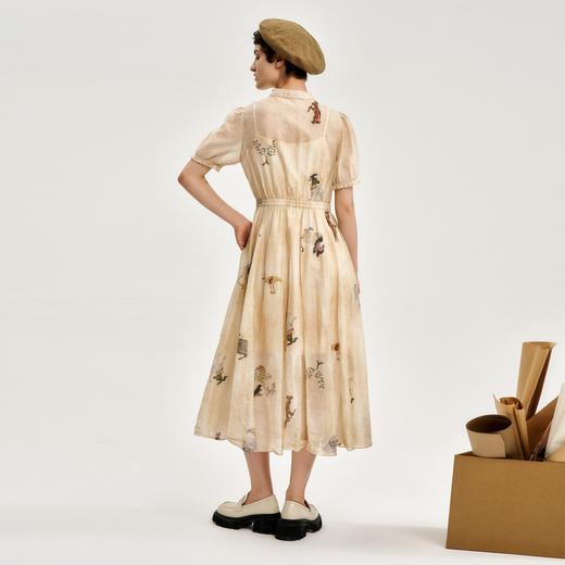 谜底印花连衣裙短袖2024秋季新品优雅气质小立领长裙243ML1080 商品图2