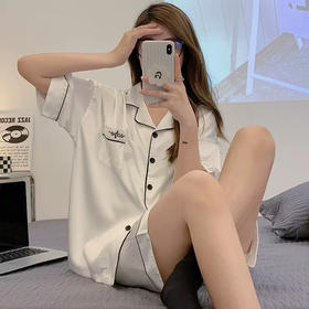 冰丝睡衣女开衫衬衫睡衣高级感法式睡衣夏季韩版短袖短裤可外穿薄款夏天家居服套装