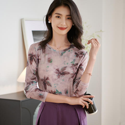【仅剩S/L】米思阳2025秋季新款水墨晕染艺术感衬衫柔软舒适弹力打底小衫3187 商品图2