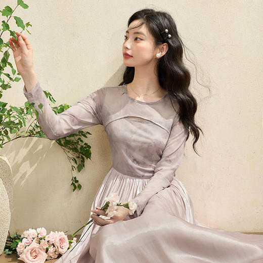 假两件设计感印花网纱拼接镂空连衣裙女轻奢温柔长裙V2942193 商品图2