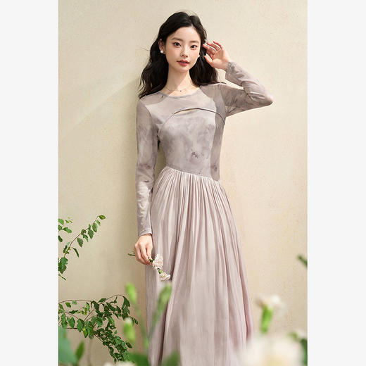 假两件设计感印花网纱拼接镂空连衣裙女轻奢温柔长裙V2942193 商品图1