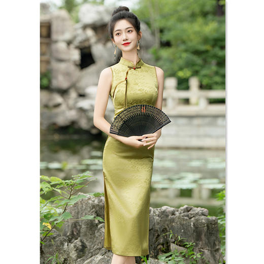 2024夏季新款无袖时尚改良新中式提花棉挖肩袖旗袍SYK373288 商品图0