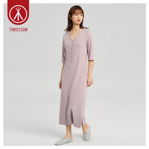 Threegun三枪 【抽条爽滑竹棉】V领半开襟中袖女家居裙-70472A011 商品图5